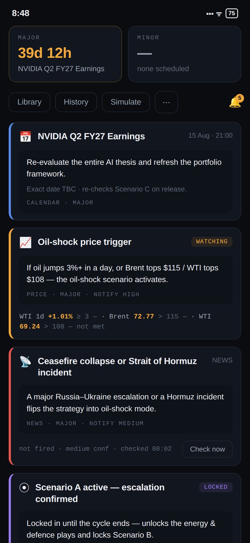 Trade Mate strategy screen — a live oil-shock price trigger evaluating Brent and WTI against thresholds, a news trigger watching for a ceasefire collapse or Strait of Hormuz incident, a locked regime-gate scenario, and a calendar node to re-evaluate the AI thesis at NVIDIA earnings